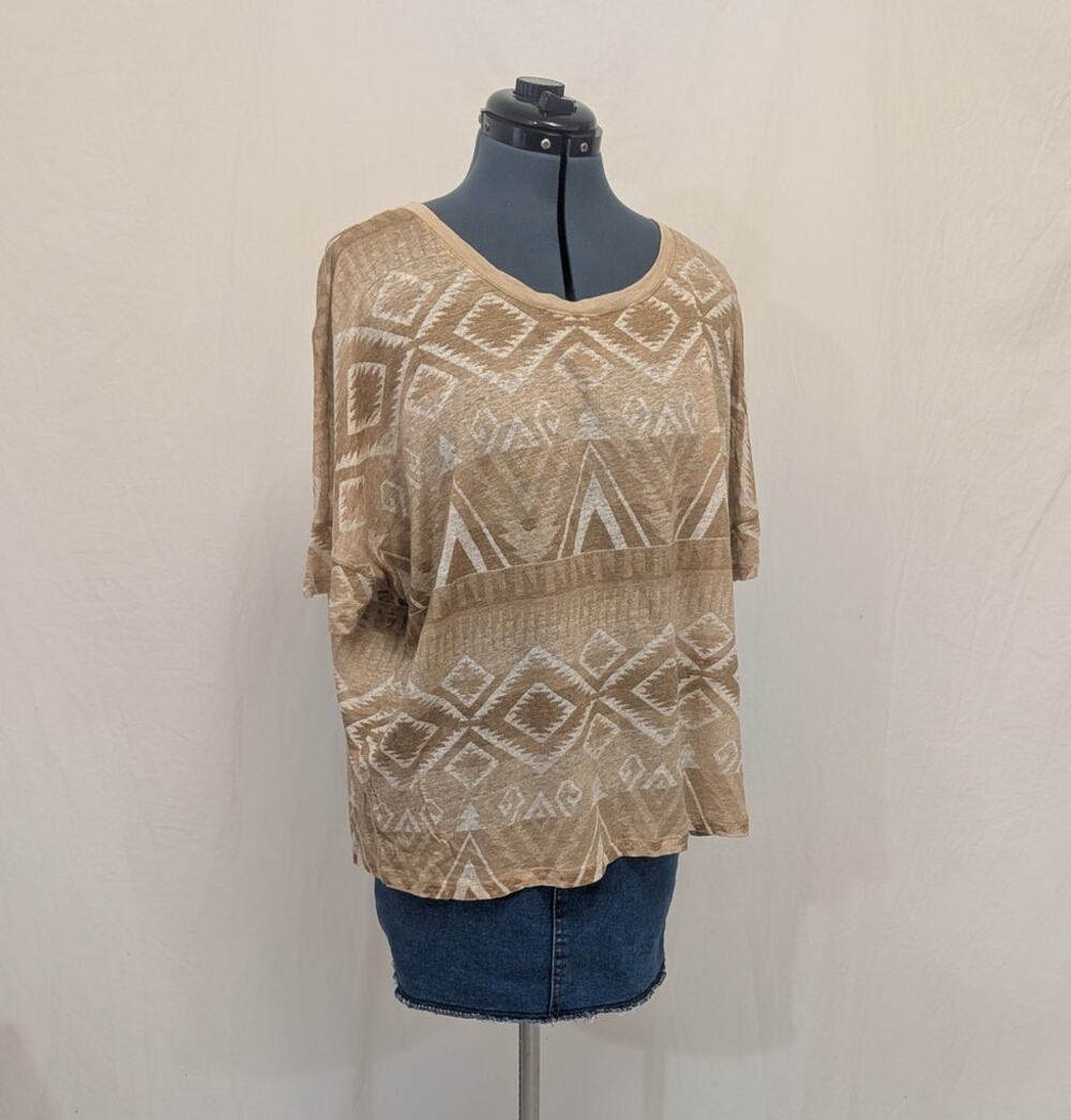 Lauren Ralph Lauren 100% linen beige brown tan geometric print top, size XL